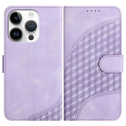 YX0060 Elephant Head Embossed PU Leather Case Lanyard For iPhone 15 Pro Max - lavender geometric wallet folio with stand and card slots