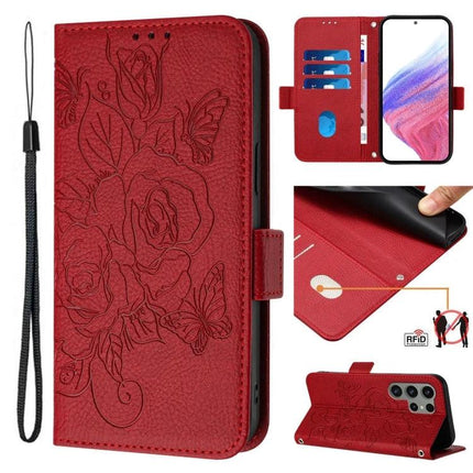 Leather Phone Case With Card Storage For Daily Errands in red floral PU leather with three card slots, RFID protection and wrist strap