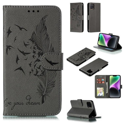 Leather Phone Case for Everyday Carry and Protection with embossed feather design, card slots, wallet section, and horizontal viewing stand