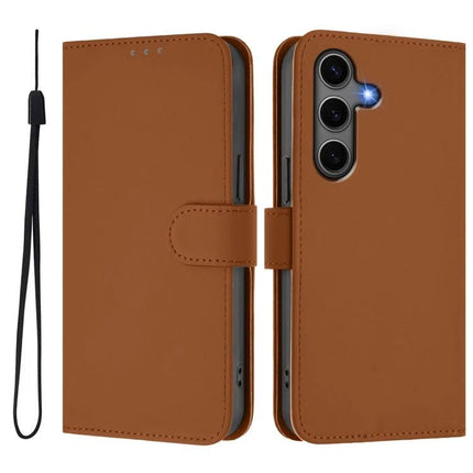 Leather Phone Case With Lanyard For Samsung in brown PU leather wallet style with removable black lanyard, camera cutout and snap closure