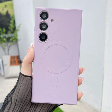 Samsung Galaxy Silicone Case For Everyday Protection in pastel lavender showing camera cutouts, wireless charging ring and snug silicone grip