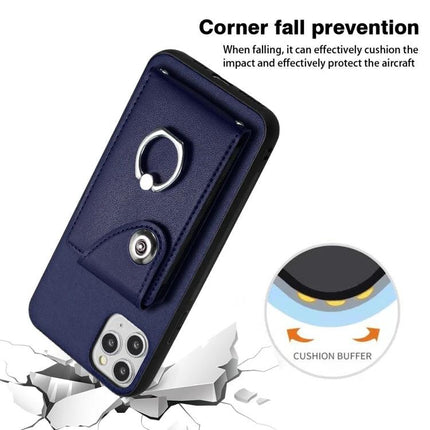 Organ Card Bag Ring Holder Case For iPhone 11 Pro X XS XR XS Max Wallet navy PU leather with ring holder and card slots shown protecting corner