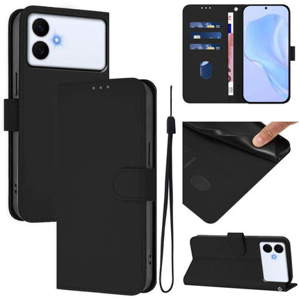 Solid Color Leather Phone Case With Lanyard For Daily Carry And Everyday Use Hands Free black wallet-style case with card slots and wrist strap