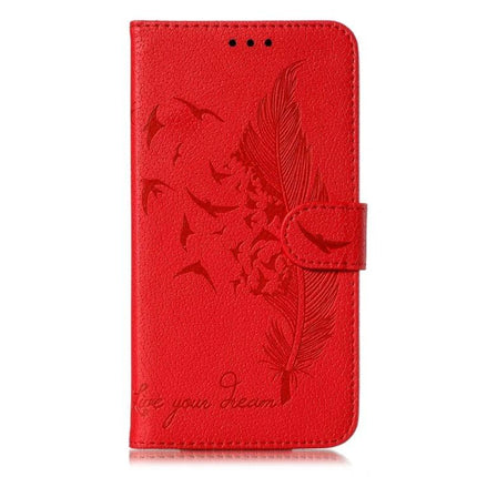 Leather Phone Case for Everyday Protection and Storage - red embossed feather and bird wallet case with card slots and magnetic closure