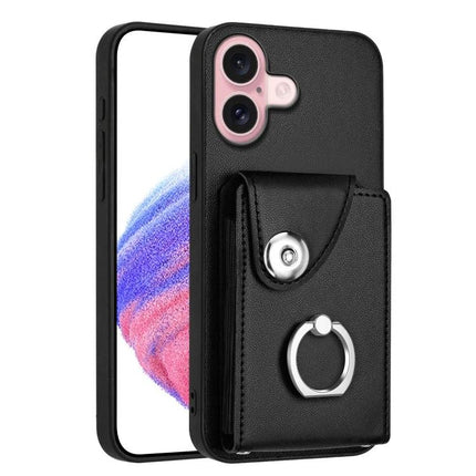 Card Holder Ring Stand Case For IPhone 16 And 15 Pro Max 15 Pro 15 Plus - black PU wallet case with 6 card slots and metal ring stand