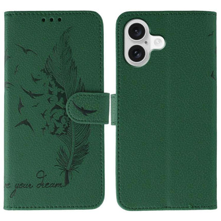 Leather Phone Case for Everyday Protection and Storage in green leather wallet style with feather and bird design, card slots and magnetic closure