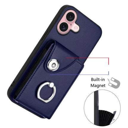 Card Holder Ring Stand Case For IPhone 16 And 15 Pro Max 15 Pro 15 Plus navy PU wallet case with ring stand and 6 card slots, magnetic closure