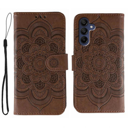 Sun Mandala Leather Case For Samsung Phones in brown PU leather with embossed sun mandala design and card slot wallet stand