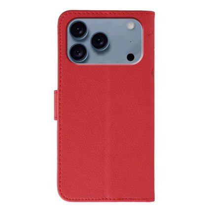 Leather Phone Case for Everyday Protection and Storage in red leather with card slots and kickstand, shown closed covering phone camera