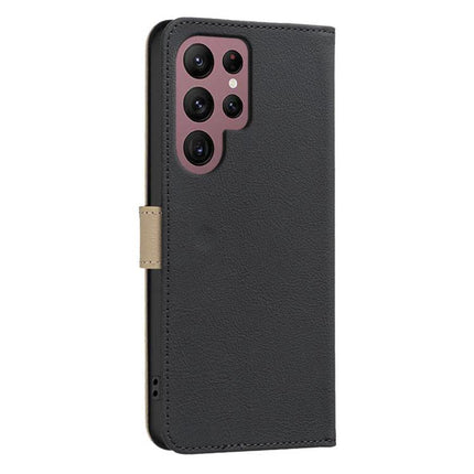 RFID Leather Card Holder Case For Galaxy S22 Ultra S22 Plus S22 S21 FE 5G black splicing color hollow flower PU leather wallet case with kickstand
