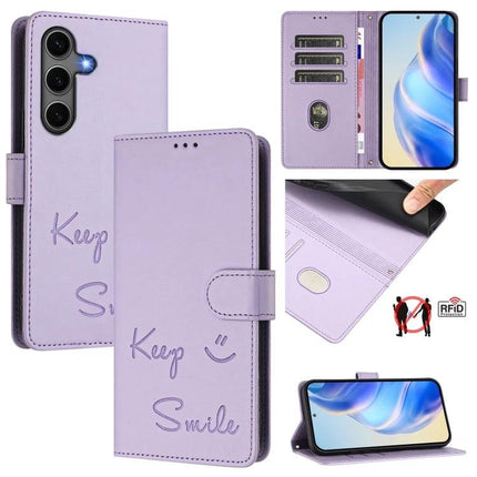Smile Embossing Leather Phone Case With Card Holder For Everyday Carry On The Go - lavender wallet folio with 3 card slots and RFID blocking