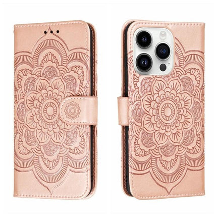Sun Mandala Leather Case for Everyday iPhone Protection in rose gold PU leather with mandala wallet, card slots and kickstand
