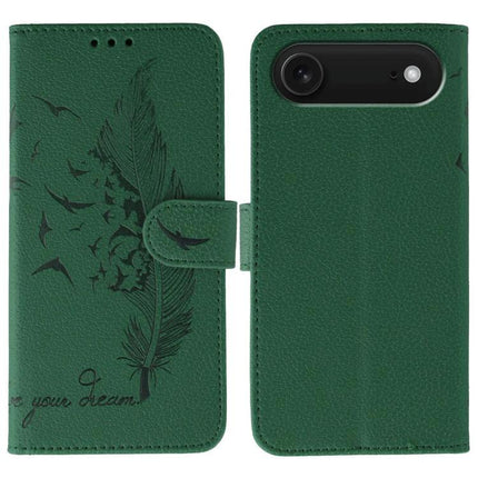 Leather Phone Case for Everyday Protection and Storage - green folio wallet case with feather and bird design, card slots and magnetic closure