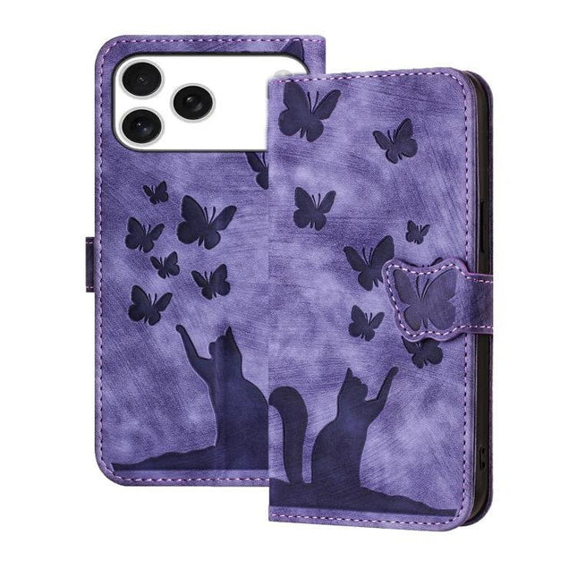Butterfly Embossed Leather Phone Case For Everyday Carry purple wallet case with cat and butterfly design