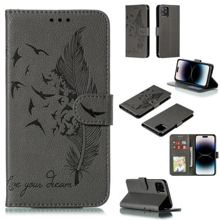 Leather Phone Case for Everyday Carry and Protection with embossed feather design, built-in card slots, wallet section, and horizontal viewing stand