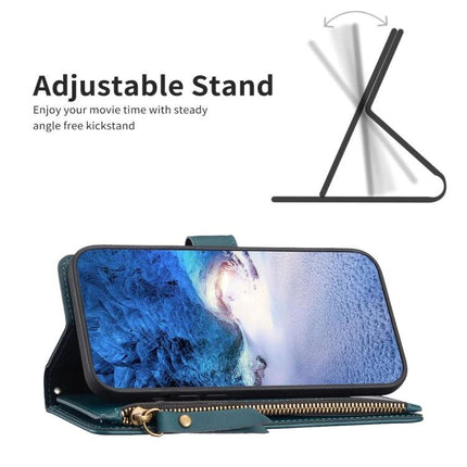 Leather Flip Wallet Case for Everyday Phone Storage showing adjustable stand, zippered cash pocket and card slots with phone in landscape