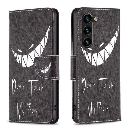 Leather Phone Case for Galaxy - Slim Everyday Protection for Daily Phone Handling with dark gray wallet cover, stitched PU leather and "Don't Touch My Phone" design