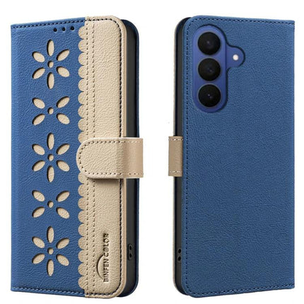 RFID Leather Wallet Case For Samsung Galaxy S26 Ultra 5G With 3 Card Slots blue floral splicing PU leather with kickstand and 3 card slots