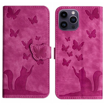 Leather Flip Case for Daily Phone and Card Organization - pink butterfly and cat embossed PU leather wallet case with TPU core, card slots and camera cutout