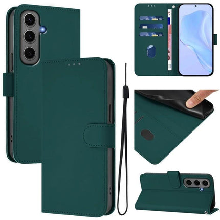 Leather Samsung Phone Case With Lanyard For Daily Hands Free Carry - green PU leather wallet case with card slots, wrist strap and kickstand for Samsung