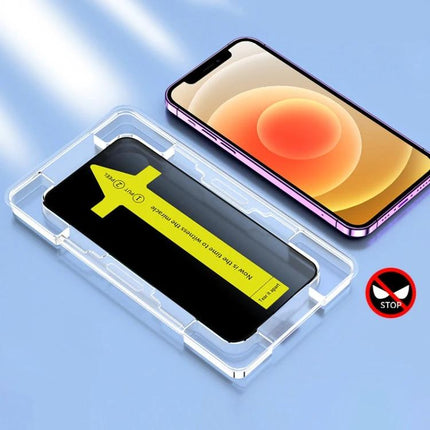 iPhone Everyday Use Tempered Glass Screen Protector installed using alignment tray to protect iPhone screen from scratches and fingerprints