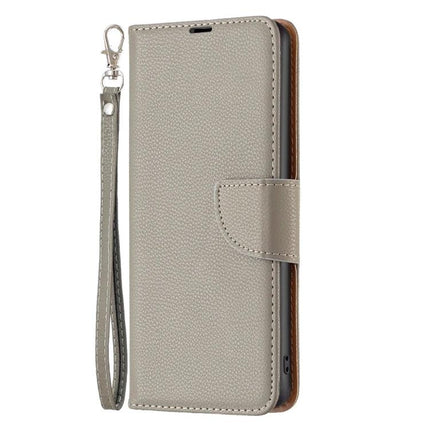 Leather Flip Phone Case With Card Slots in grey PU leather with wrist strap, card slots and kickstand for hands-free use