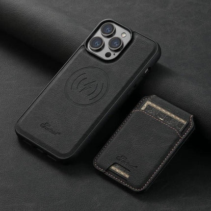 Suteni H16 Leather Detachable Wallet Back Case For IPhone 13 Pro And 12 Pro black litchi texture PU leather with detachable magnetic wallet and card slots