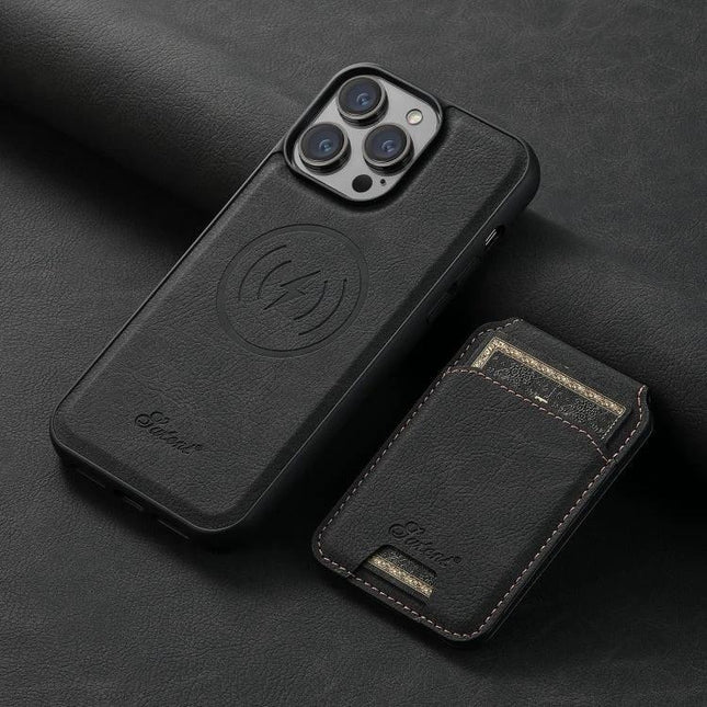 Suteni H16 Leather Detachable Wallet Back Case For IPhone 13 Pro And 12 Pro black litchi texture PU leather with detachable magnetic wallet and card slots