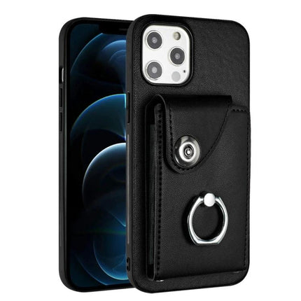 Organ Card Holder Ring Case For IPhone 13 Mini 12 Pro Max 6 Card Slots - black PU leather phone case with 6 card slots and metal ring holder stand