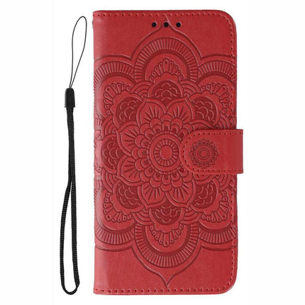 Sun Mandala Leather Case For Samsung Phones in red PU leather with embossed sun mandala design, built-in stand and wrist strap