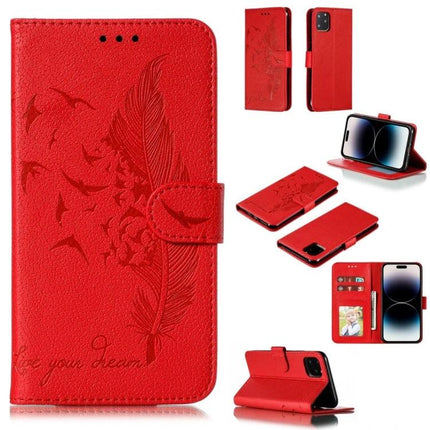 Leather Phone Case for Everyday Carry and Protection - red genuine leather wallet case with card slots, stand and feather embossing