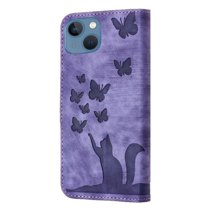 Leather Flip Phone Case With Card Slot For Daily Use - purple cat and butterflies PU leather wallet case with card slots
