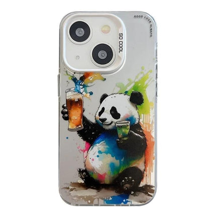 Animal Pattern iPhone Case for Everyday Use showing colorful watercolor panda holding two drinks, TPU core with PC back, raised lip protection