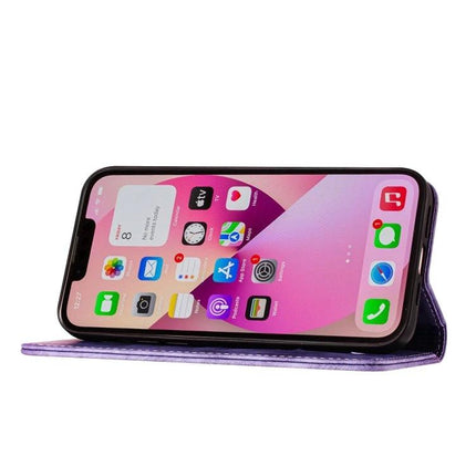 Leather Flip Phone Case With Card Slot For Daily Use in purple PU leather, TPU shell, standing wallet view