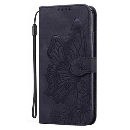 Leather Flip Case for Everyday Phone Protection - navy PU leather wallet case with embossed butterfly, TPU inner shell and wrist strap