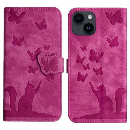 Leather Flip Case for Daily Phone and Card Organization - pink PU leather wallet case with embossed cat and butterflies, card slots, magnetic closure