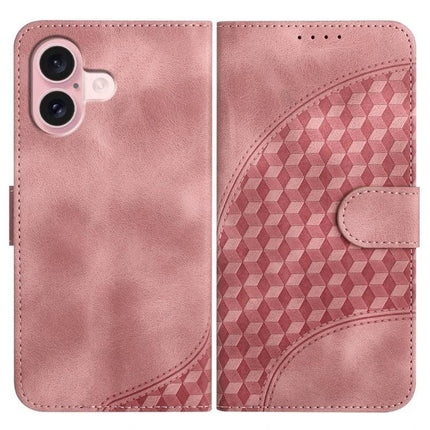 Elephant Head PU Case with Lanyard and Wallet Stand for iPhone 16 Pro Plus 16 - rose pink embossed PU leather wallet case with geometric pattern and magnetic flap