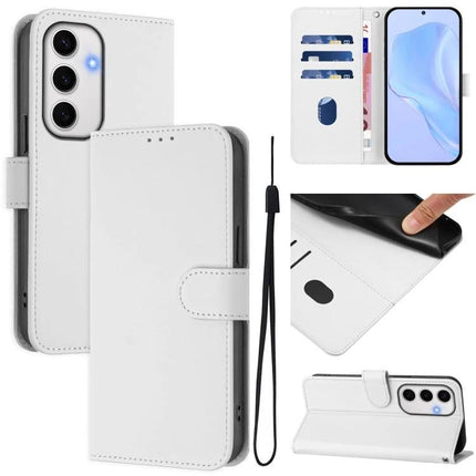 Leather Phone Case With Lanyard For Everyday Use shown in white with card slot, TPU inner shell, built-in stand and detachable lanyard