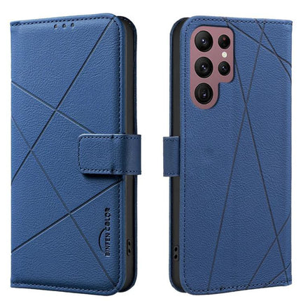 Geometric Pattern RFID PU Leather Case With Card Wallet For Galaxy S21 Series - blue embossed geometric RFID PU leather wallet case for Galaxy S21