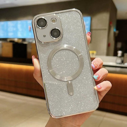 Slim Phone Case for Daily Life glitter TPU slim protective case with electroplated frame and ring grip, shown on hand in a commuter setting