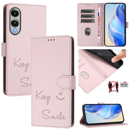 Smile Embossing Leather Phone Case With Card Holder For Everyday Carry On The Go - pink RFID wallet case with card slots and kickstand