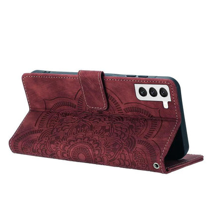 Leather Phone Case With Card Slots - burgundy PU leather wallet case with card slots, adjustable kickstand and floral embossing