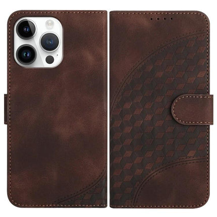 YX0060 Elephant Head Embossed PU Leather Case Lanyard For iPhone 15 Pro Max - brown wallet folio with embossed geometric elephant head pattern, card slots, stand