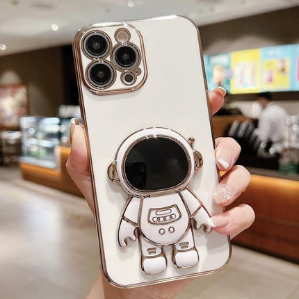 iPhone Case With Astronaut Stand For Hands-Free Video Watching - white electroplated soft shell with 3D astronaut stand folded out