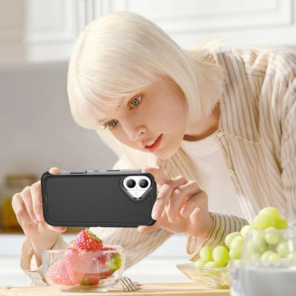 Waterproof Phone Case For Daily On-The-Go Protection shown on a black phone held by a woman taking a photo at a kitchen table with fruit