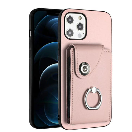 Organ Card Holder Ring Case For IPhone 13 Mini 12 Pro Max 6 Card Slots - rose gold PU wallet case with ring holder and 6 card slots