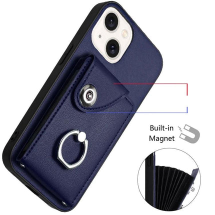 Organ Card Holder Ring Case For IPhone 13 Mini 12 Pro Max 6 Card Slots - navy PU wallet case with ring holder, 6 card slots and built-in magnet stand