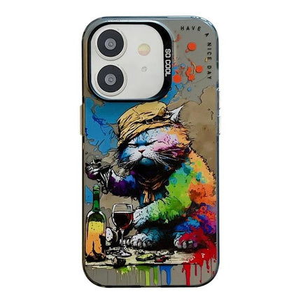 Animal Pattern iPhone Case for Everyday Protection - colorful art cat sipping wine, TPU PC durable grip, scratch and impact protection