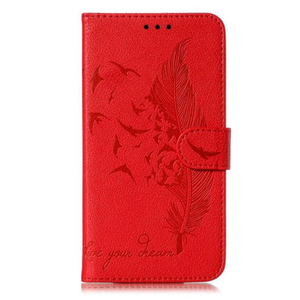 Leather Phone Case for Everyday Carry and Protection - red genuine leather wallet case with feather embossing, card slots and viewing stand