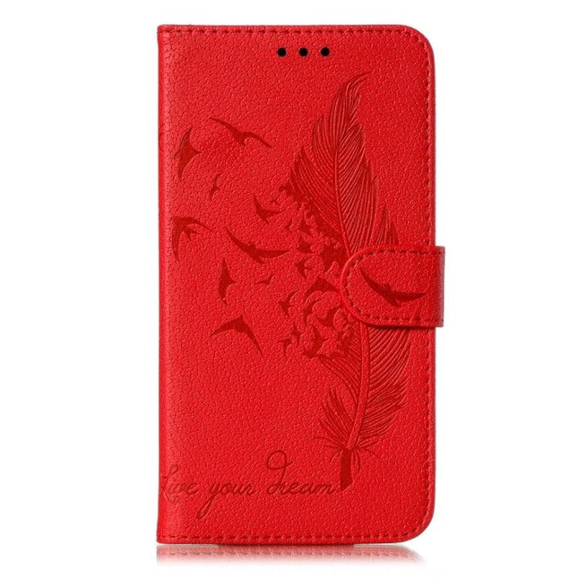 Leather Phone Case for Everyday Carry and Protection - red genuine leather wallet case with feather embossing, card slots and viewing stand